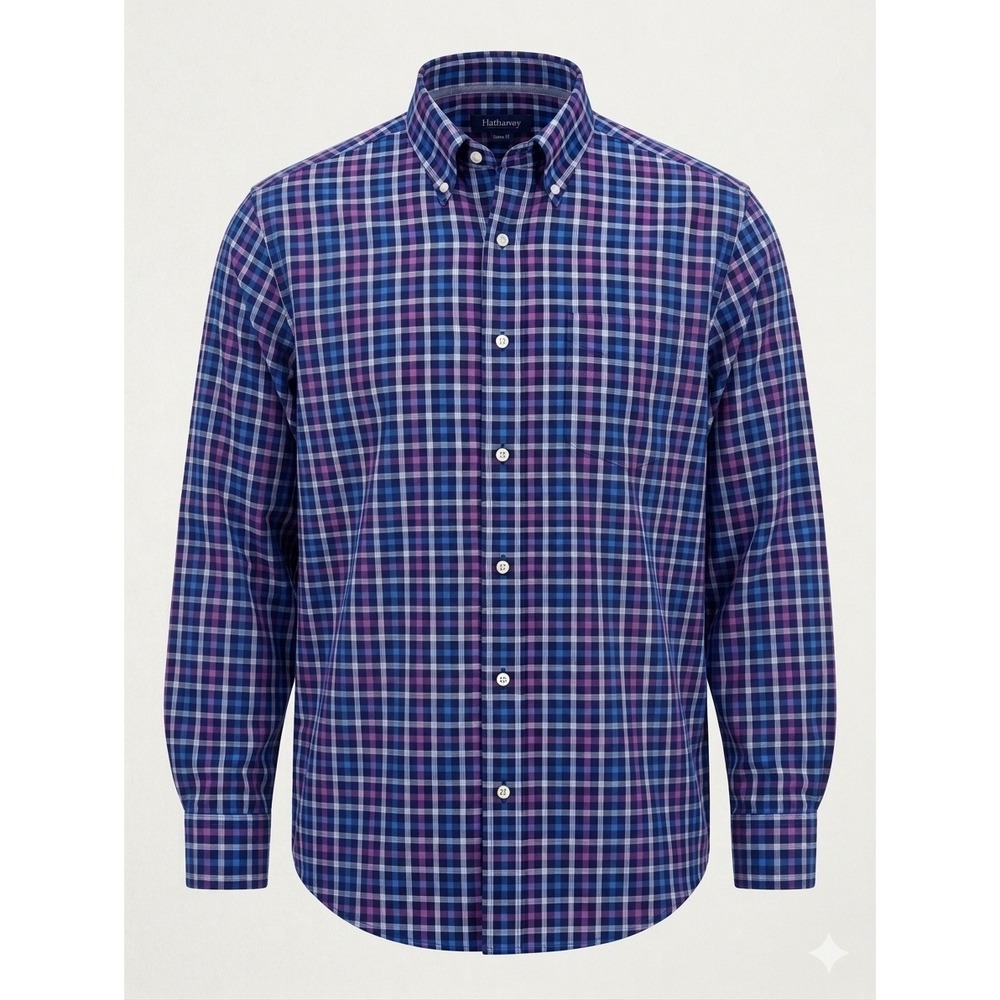 Hathaway Mens Button Up Collar Shirt Blue Purple Plaid Non Iron Long Sleeve Med